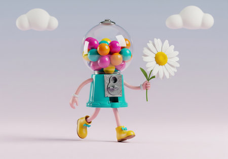 Cute anthropomorphic gumball machine character walking with a daisy flower on a pastel backgroundの素材