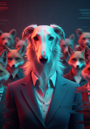 An anthropomorphic borzoi in a suit stands out from a crowd of foxes with a glitch effect, cinematic styleの素材