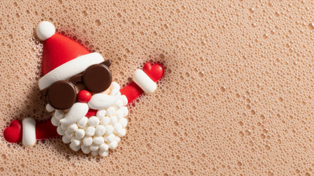 Funny anthropomorphic Santa Claus character made of marshmallows relaxing in a hot chocolate bath in a flat lay styleの素材