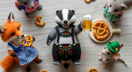 Felted anthropomorphic animals in traditional Bavarian costumes celebrating Oktoberfest with beer and pretzels in a cute styleの素材