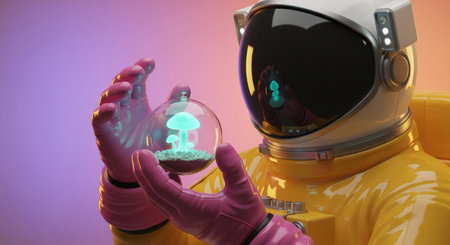 Futuristic astronaut in a yellow suit holding a glass sphere with a glowing alien mushroom insideの素材