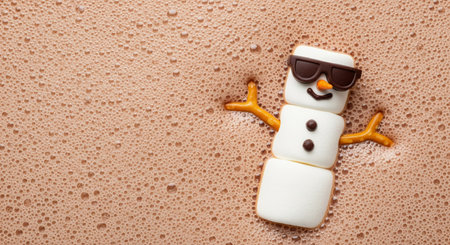 Funny anthropomorphic marshmallow snowman character in sunglasses relaxing in a hot chocolate bath in a flat lay styleの素材