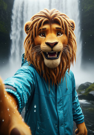 A happy anthropomorphic lion character with dreadlocks in a raincoat takes a selfie in front of a waterfallの素材