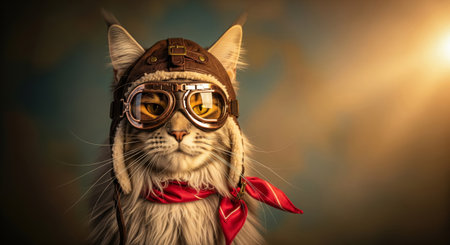 Anthropomorphic cat in a vintage pilot helmet and red scarf looking at the camera with a cinematic soft backgroundの素材