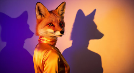 Surreal fashion portrait of an elegant anthropomorphic fox in a satin blouse with colorful light and shadowの素材