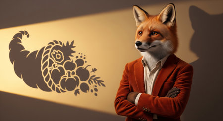 Anthropomorphic fox in a jacket with a thanksgiving cornucopia shadow on the wall in a realistic elegant styleの素材