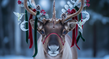 Photographic portrait of a beautiful reindeer with festive Christmas decorations on its antlersの素材