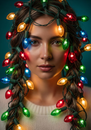 Photographic portrait of a beautiful woman with festive Christmas lights tangled in her hair braidsの素材
