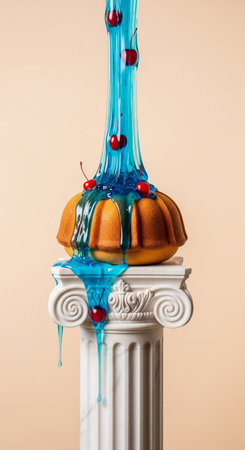 Surreal pop art still life of a classic column with a bundt cake covered in blue dripping slime and cherriesの素材