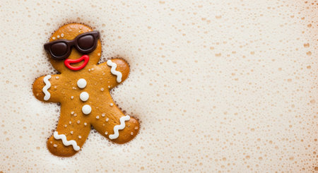Funny anthropomorphic gingerbread man with sunglasses relaxing in a coffee foam bath in a flat lay styleの素材