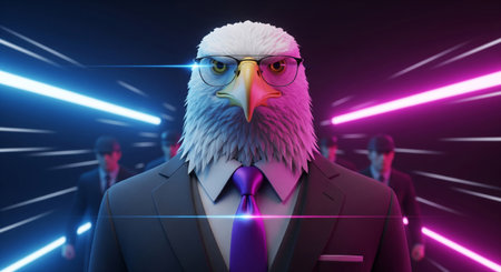 A powerful anthropomorphic eagle in a suit and glasses on a futuristic neon light trails background, cinematic portraitの素材