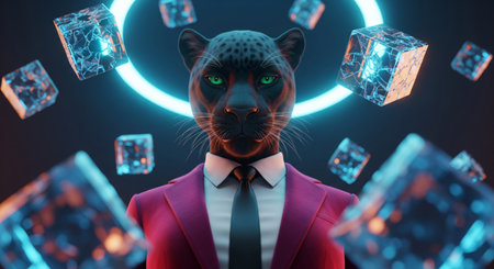 Stylized portrait of an anthropomorphic black panther in a suit in a futuristic concept of technology and blockchainの素材