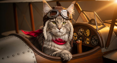 Anthropomorphic maine coon cat in a vintage pilot helmet and goggles sits in the cockpit of a retro airplane with cinematic lightingの素材