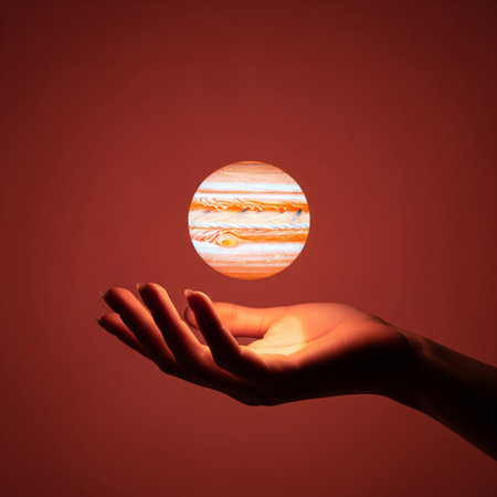 Conceptual minimalist image of a hand holding a glowing planet jupiter on a red backgroundの素材