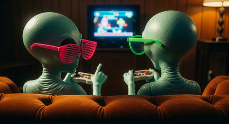 Retro cinematic back view of two anthropomorphic aliens in shutter shades playing a vintage video game on a couchの素材