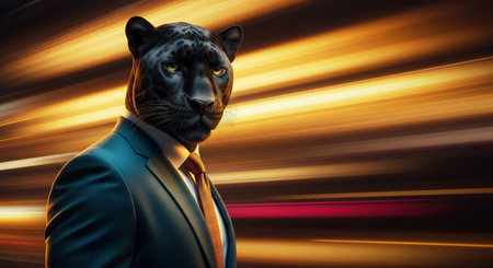 A powerful anthropomorphic black panther in a business suit on a dynamic light trails background, cinematic portraitの素材