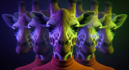 Stylized cinematic portrait of multiple anthropomorphic giraffes with a motion blur effect and moody neon purple and yellow lightingの素材