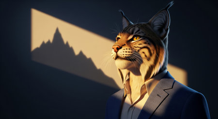 Anthropomorphic lynx in a blue suit standing against a dark background with a light projection resembling a mountain peak symbolizing vision and business growthの素材