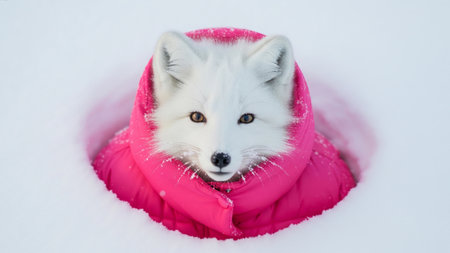 Cute white arctic fox wearing a bright pink winter jacket peeking out of a snow hole showing a contrast between vibrant color and cold white natureの素材