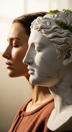 Profile of young woman with closed eyes standing next to white marble classical statue head comparing human beauty with artの素材