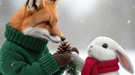 Anthropomorphic fox in a green sweater giving a pine cone to a cute rabbit in a snowy winter scene, a friendship conceptの素材