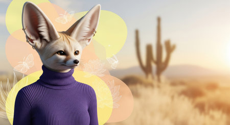 Anthropomorphic fennec fox wearing purple sweater and earrings against desert sunset landscape background artの素材