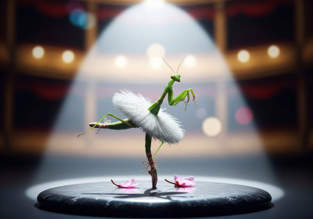 Anthropomorphic green praying mantis ballerina wearing white tutu dancing on stage under dramatic spotlightの素材