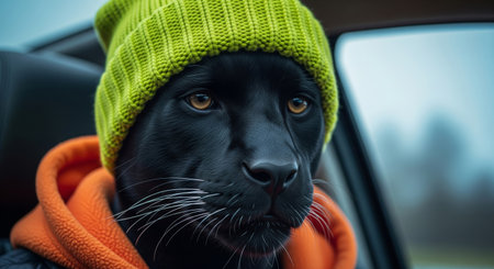Anthropomorphic black panther wearing a green beanie and orange hoodie sitting inside a car, looking serious in a cinematic portraitの素材