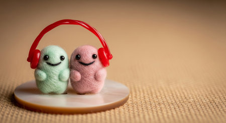 Macro shot of cute handmade felt characters sharing red headphones while standing on button. happy couple listening to music concept on beige fabric backgroundの素材