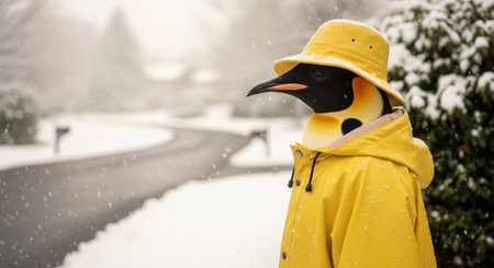 Anthropomorphic penguin wearing yellow raincoat and hat standing on snowy street in winterの素材