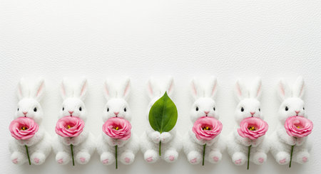 A row of cute white toy rabbits holding pink flowers with one holding a green leaf on a white leather backgroundの素材