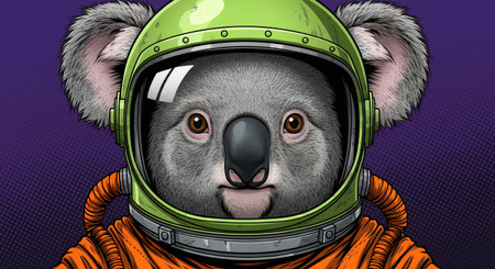 Anthropomorphic koala astronaut in a green helmet and orange suit rendered in a pop art style on a purple backgroundの素材