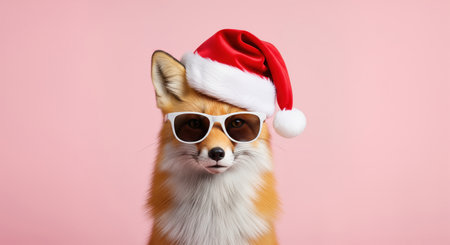 A cool red fox wearing a santa hat and sunglasses on a pink background in a studio portrait styleの素材