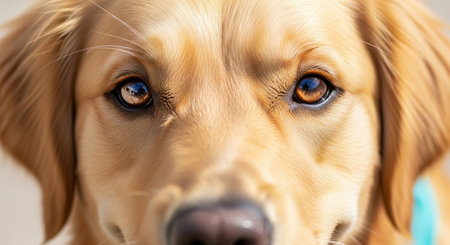 Extreme close up portrait of golden retriever dog face with focus on brown eyes. detailed realistic animal texture macro photographyの素材