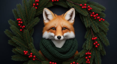 A cute red fox wearing a green scarf inside a christmas wreath with holly berries on a dark backgroundの素材