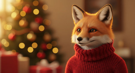 Anthropomorphic red fox in cozy knitted sweater standing near Christmas tree with bokeh lights. cute animal holiday portrait concept in warm festive atmosphereの素材