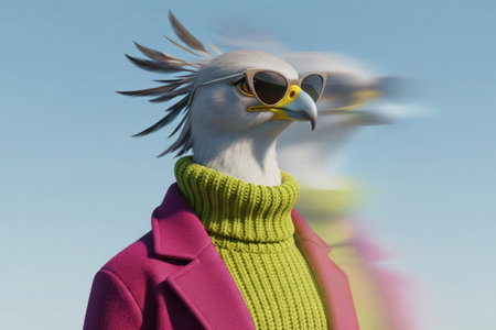 Anthropomorphic bird wearing sunglasses and pink coat with green sweater. trendy fashion portrait with motion blur glitch effect on blue backgroundの素材