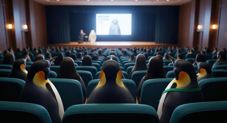 Back view of three penguins sitting in blue seats in a conference hall watching a presentation on a stage screen with an audienceの素材