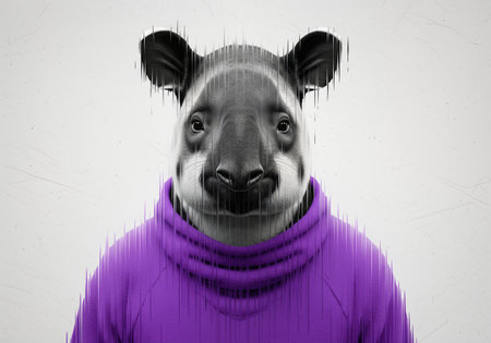 Glitchy artistic portrait of an anthropomorphic tapir wearing a bright purple hoodie, dramatic digital art styleの素材