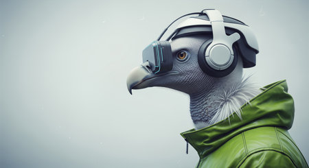 Cinematic profile of an anthropomorphic vulture in a green jacket wearing a virtual reality headset and headphonesの素材