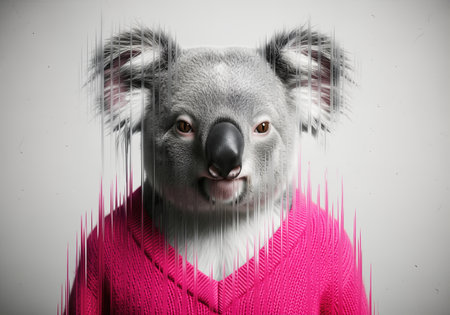 Anthropomorphic koala portrait in pink sweater with soft lighting and glitch aesthetic digital illustrationの素材