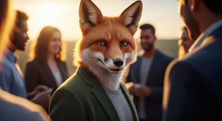 An anthropomorphic fox character in a jacket standing in a crowd of people at sunset in a cinematic styleの素材