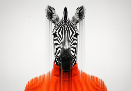 Abstract portrait of an anthropomorphic zebra in an orange turtleneck with a melting digital glitch effectの素材