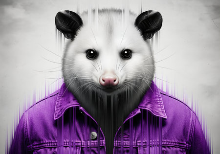 Abstract portrait of an anthropomorphic opossum in a purple denim jacket featuring a melting digital glitch art styleの素材
