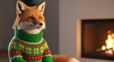 Anthropomorphic red fox wearing green christmas sweater with snowflake pattern near cozy fireplace background artの素材
