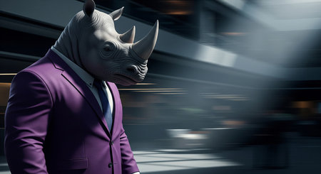 Anthropomorphic rhinoceros businessman in stylish purple suit walking in modern office with motion blur. serious corporate leader concept with cinematic atmosphereの素材