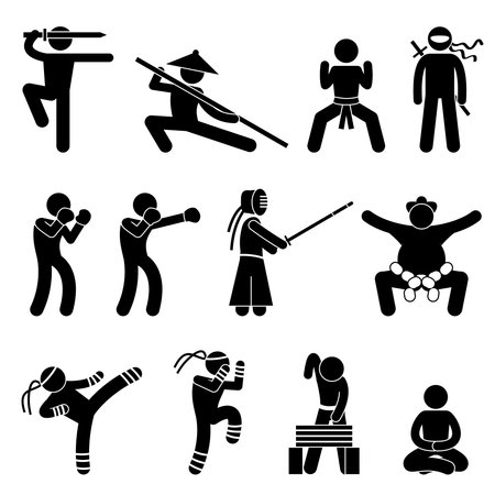 Kung Fu Martial Arts Self Defense Chinese Wushu Ninja Boxer Kendo Sumo Muay Thai Icon Symbol Sign Pictogramのイラスト素材