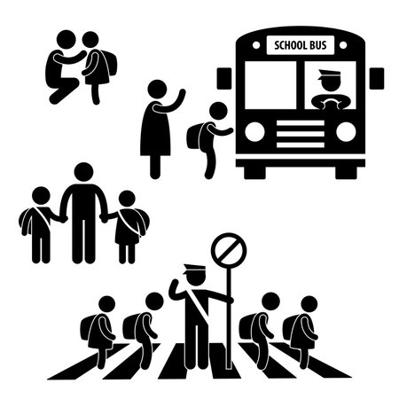 Student Pupil Children Back to School Bus Crossing Road Traffic Police Icon Symbol Sign Pictogramのイラスト素材