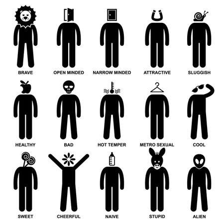 People Man Characteristic Behaviour Mind Attitude Identity Personalities Stick Figure Pictogram Iconのイラスト素材