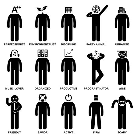 People Man Characteristic Behaviour Mind Attitude Identity Personalities Stick Figure Pictogram Iconのイラスト素材